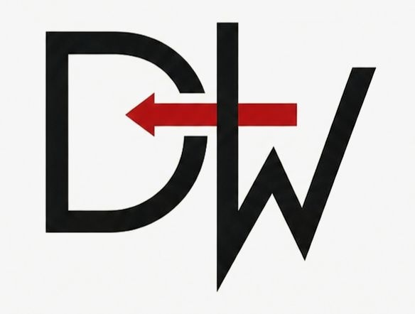 DW monogram with a crimson arrow pointing west